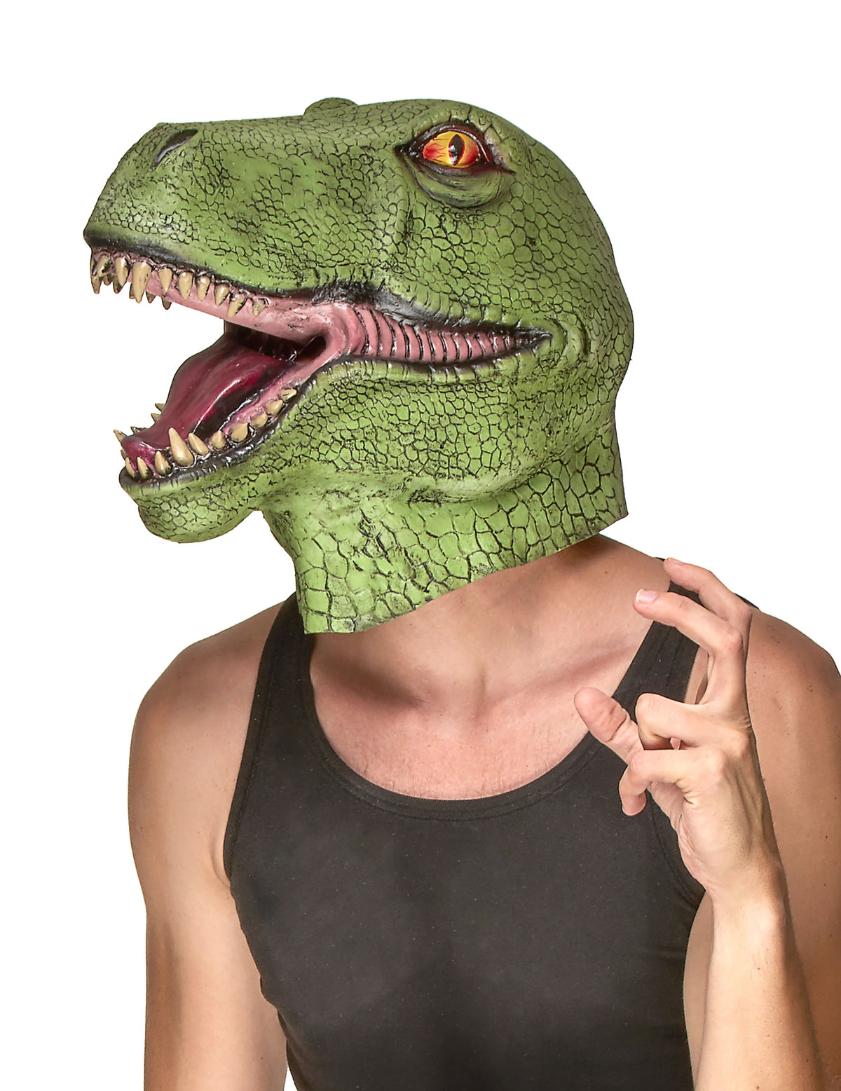 Masque latex dinosaure pour adulte vert avec gueule ouverte