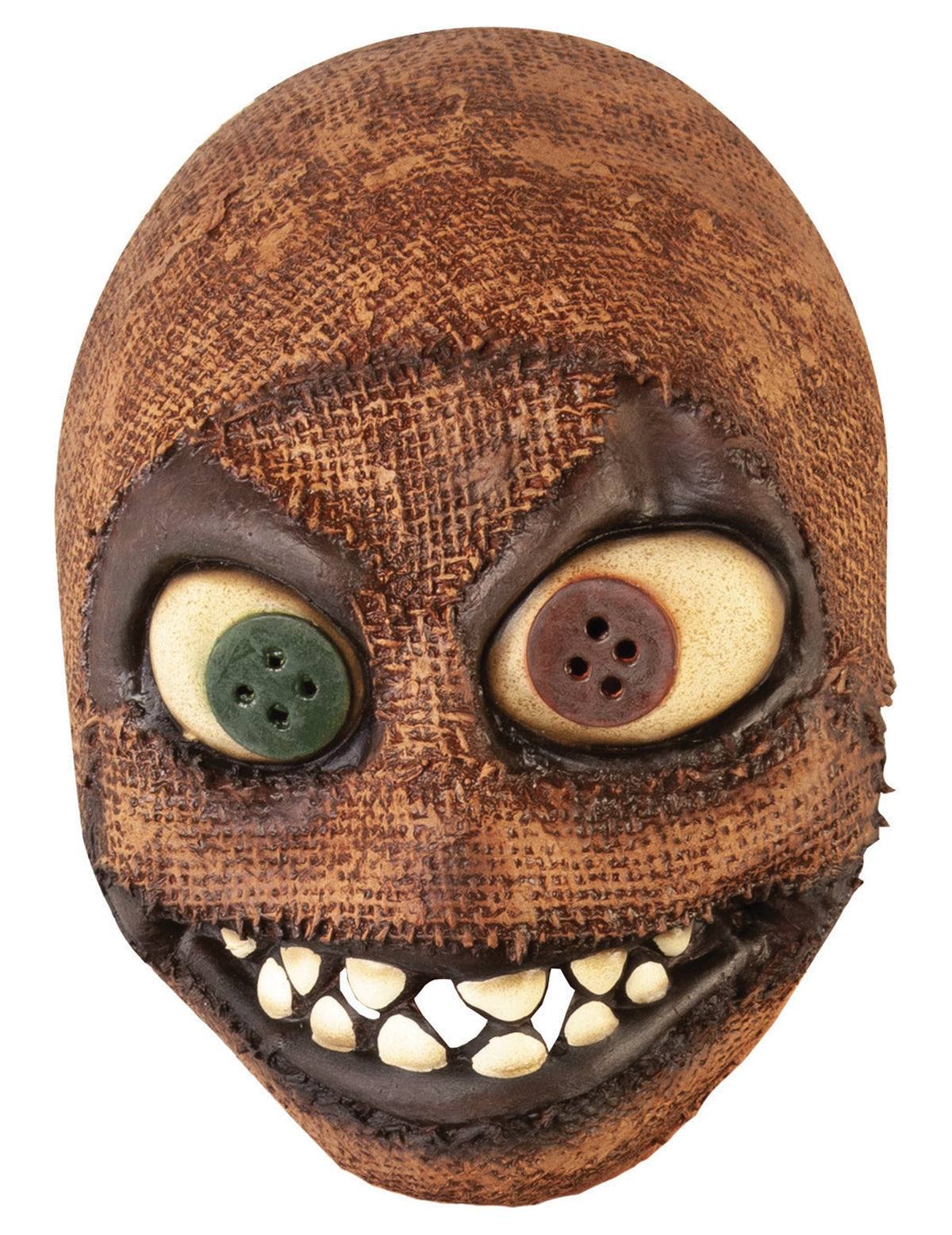 Gros plan sur les yeux boutons et la bouche du masque latex effet sac