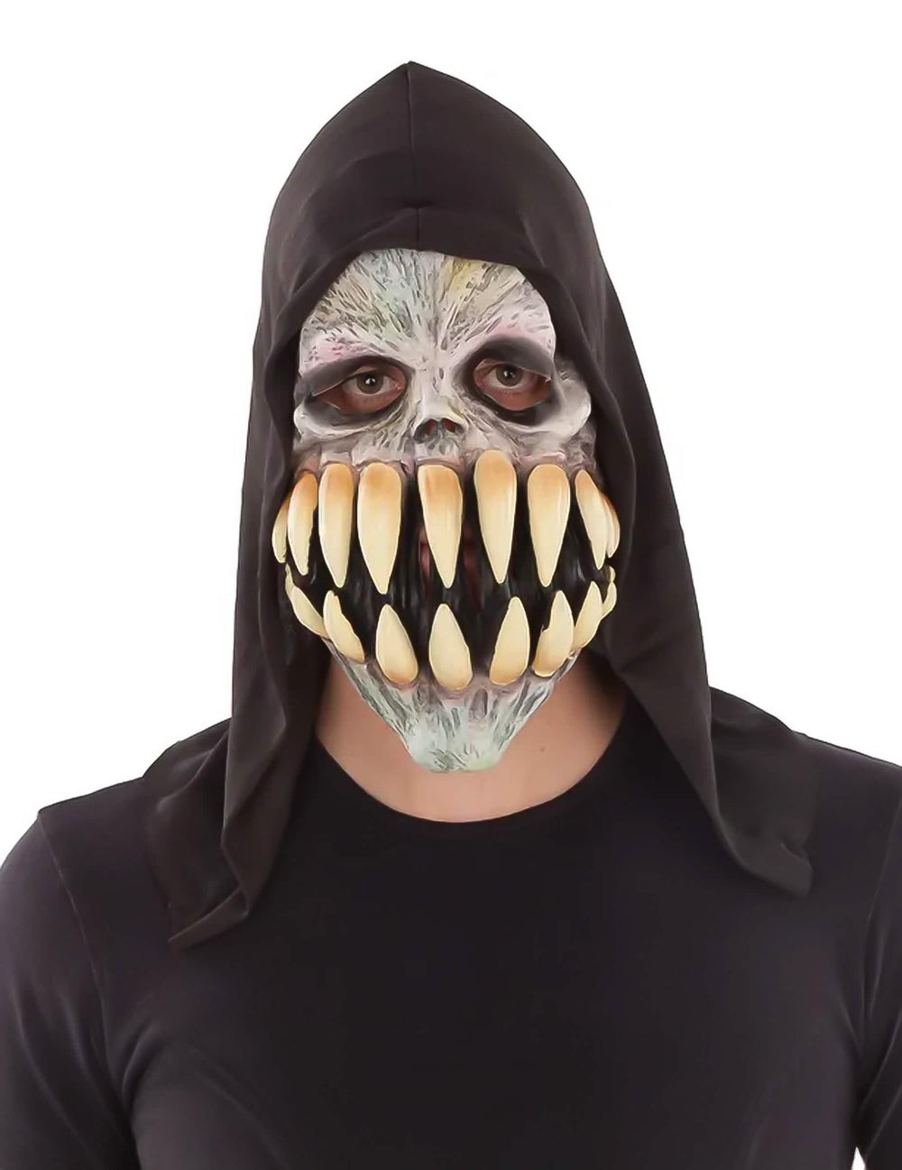 Máscara de látex com grandes dentes para adulto cinzento com capuz preto