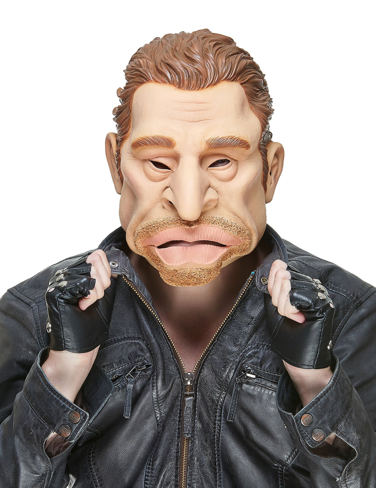 Masque humoristique en latex Johnny pour adulte beige aux cheveux châtains