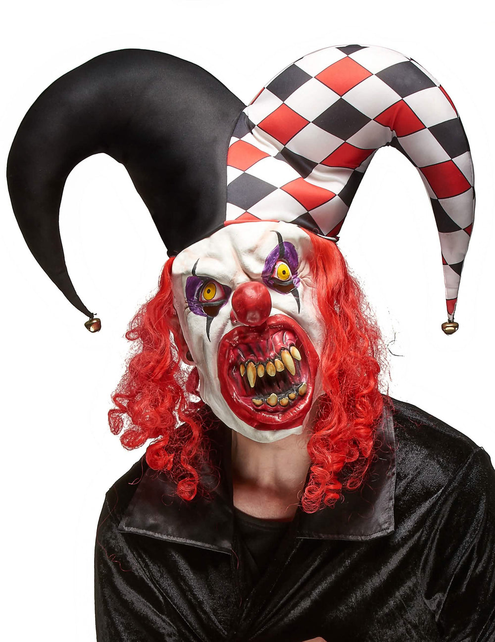 Máscara de látex de joker aterrador para adulto branco e vermelho com gorro de bobo com guizos