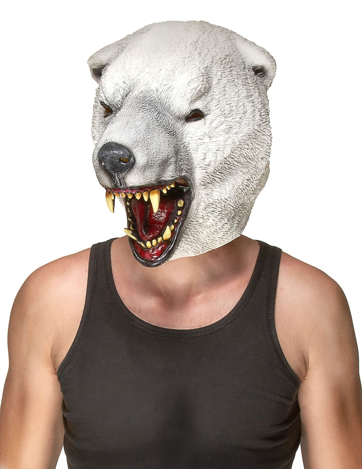 Máscara de látex de urso polar adulto branco com a boca aberta