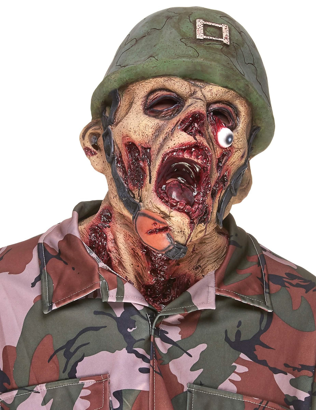 Máscara de látex de soldado zombie para adulto com capacete e detalhes ensanguentados