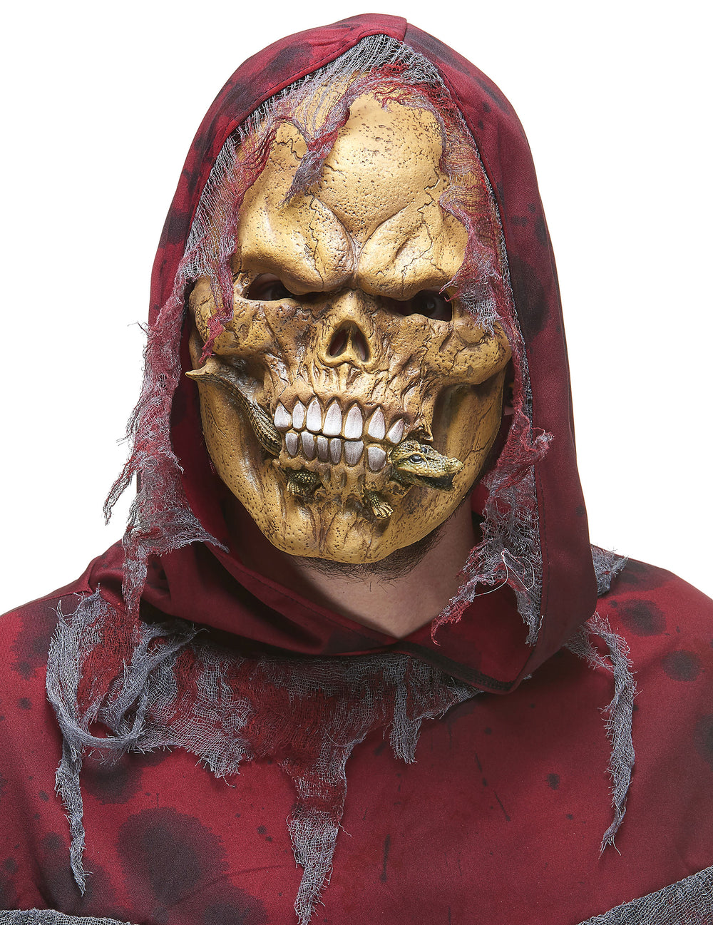 Masque latex squelette mangeur de reptiles pour adulte jaune et rouge avec capuche