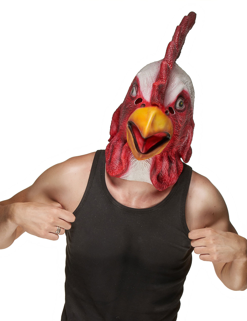 Masque latex tête de coq pour adulte rouge et blanc avec bec jaune