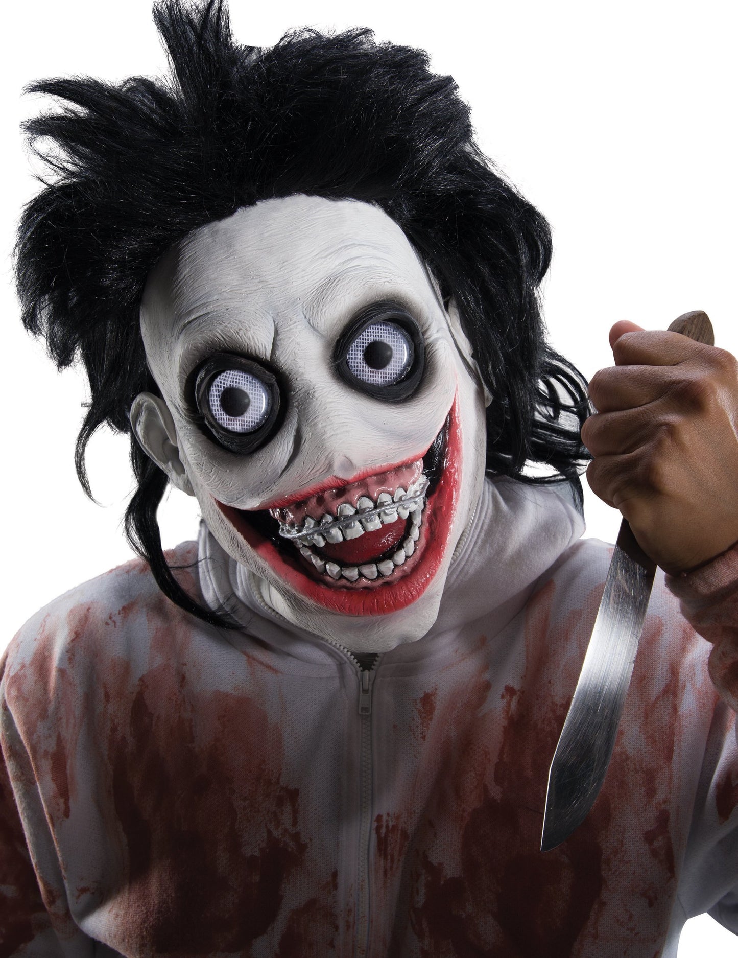 Masque latex tueur psychopathe pour adulte blanc avec cheveux noirs et sourire ensanglanté