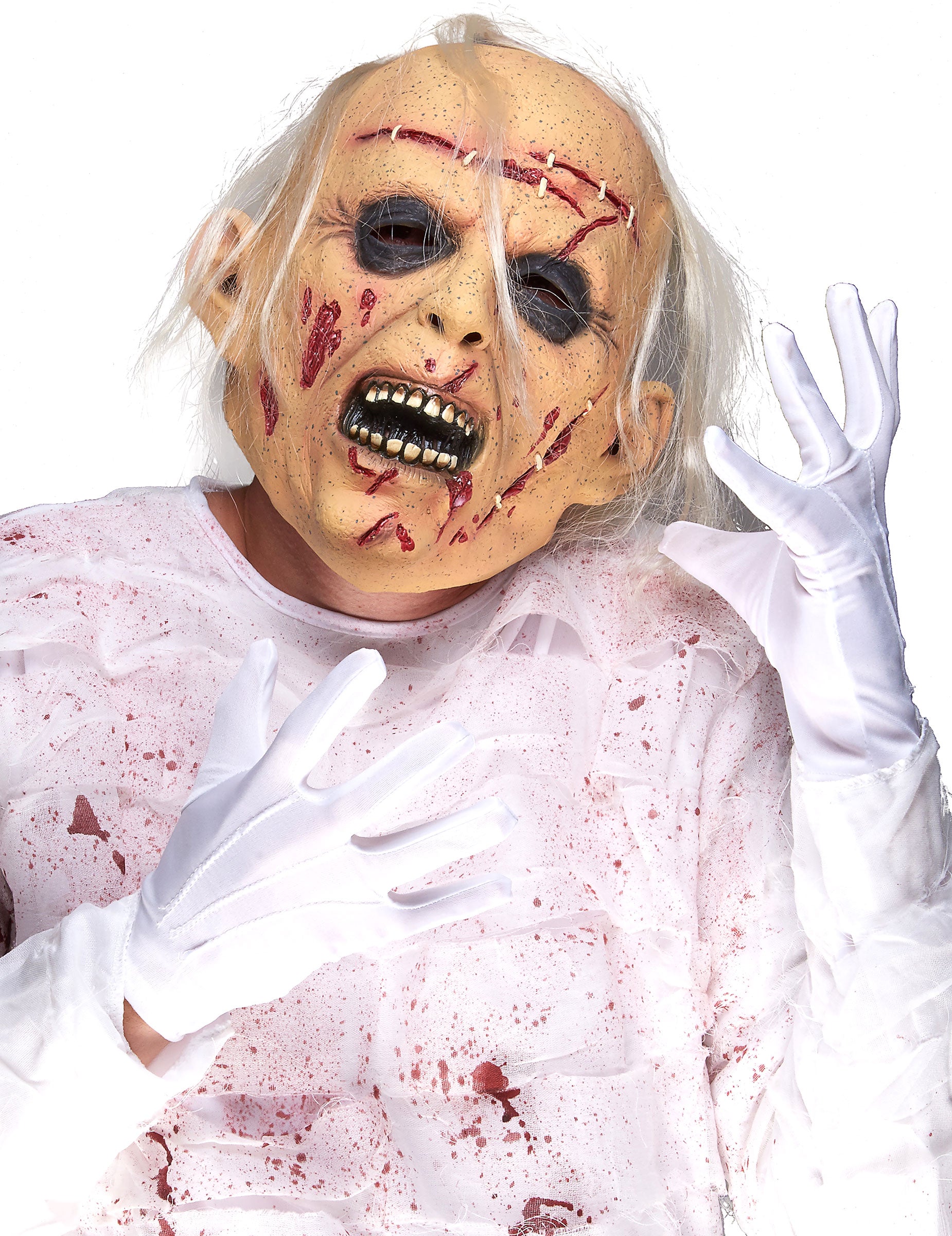 Masque en latex de vieillard cadavérique pour adulte beige ensanglanté avec cheveux blancs
