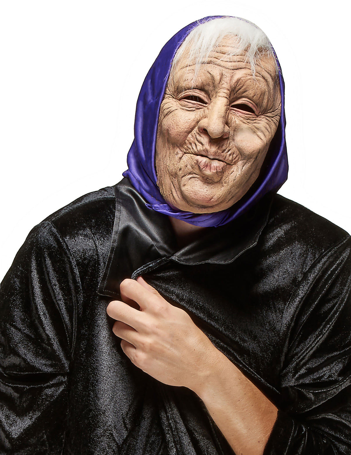 Masque latex vieille dame pour adulte avec foulard violet