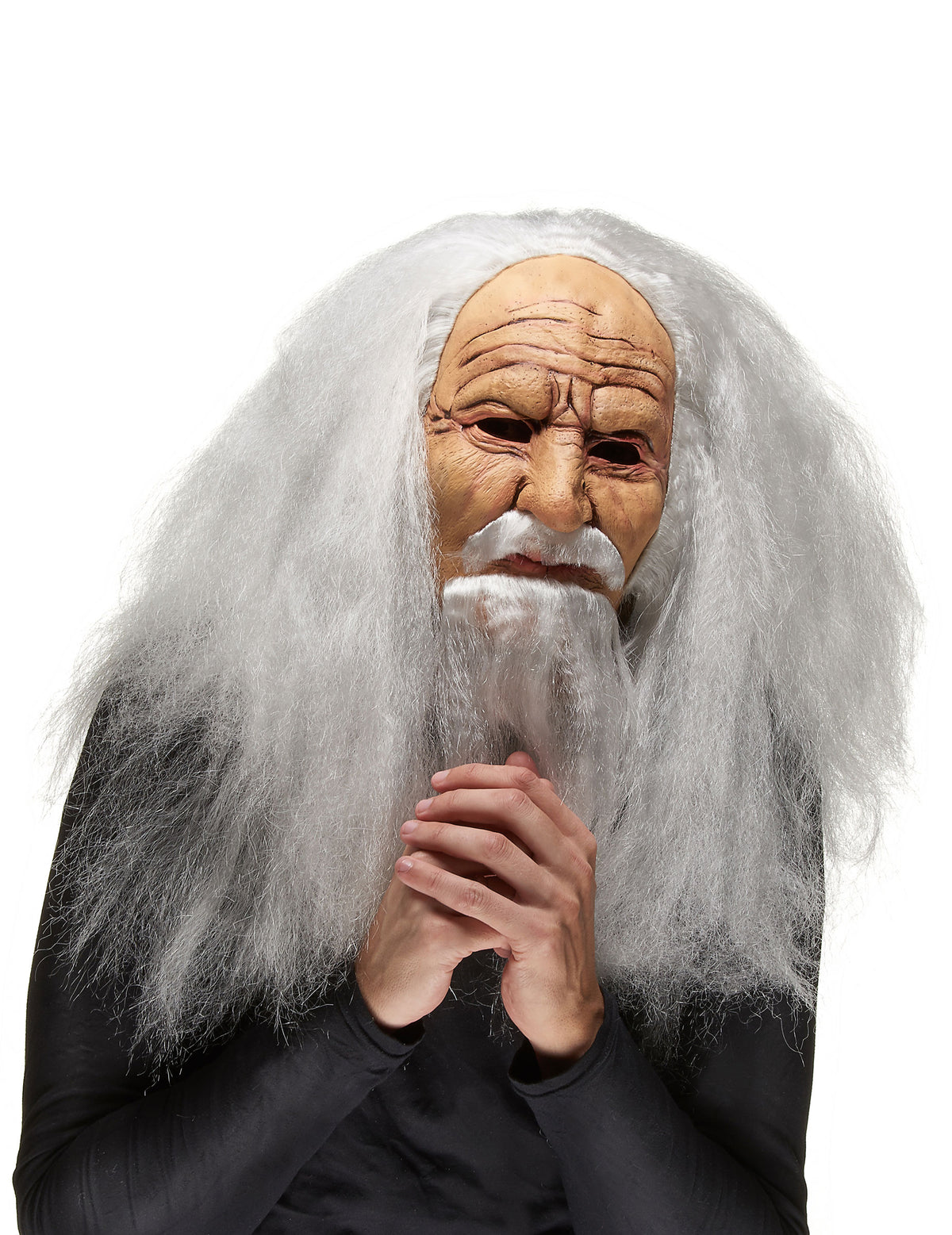 Masque latex de vieux sorcier pour adulte avec longs cheveux et barbe blancs