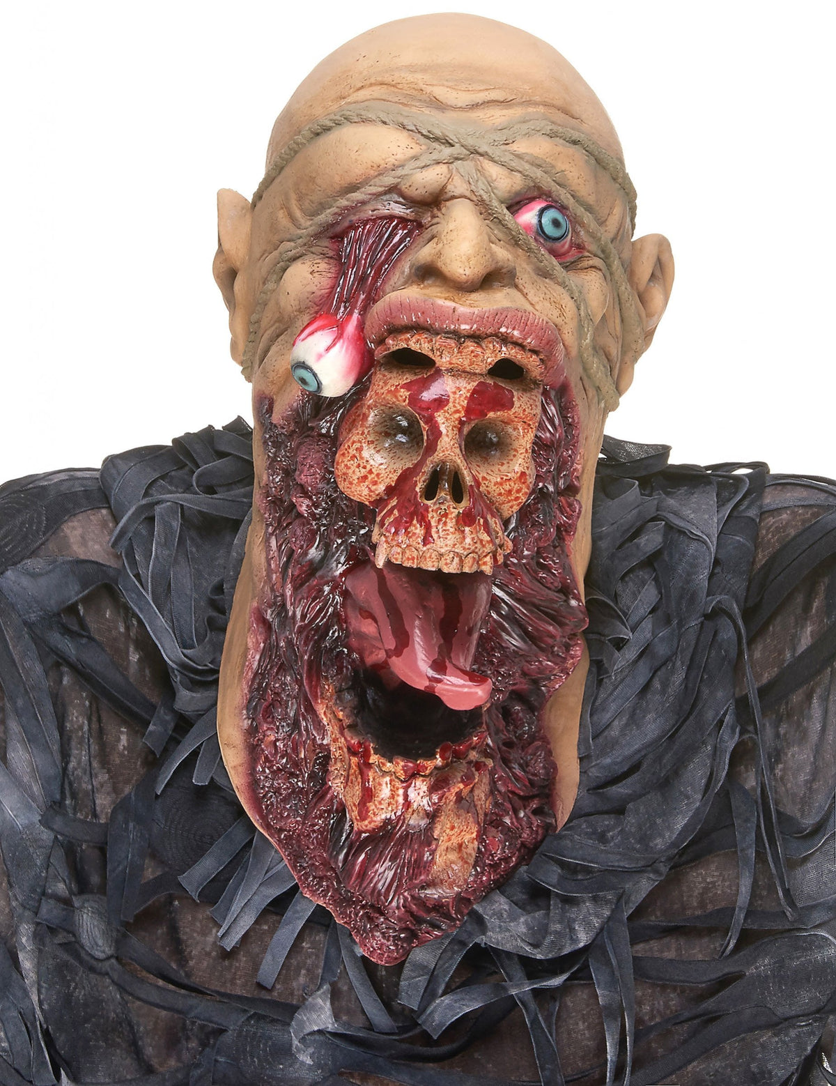 Masque en latex zombie dévoreur pour adulte beige et rouge sanglant avec œil pendant et crâne visible