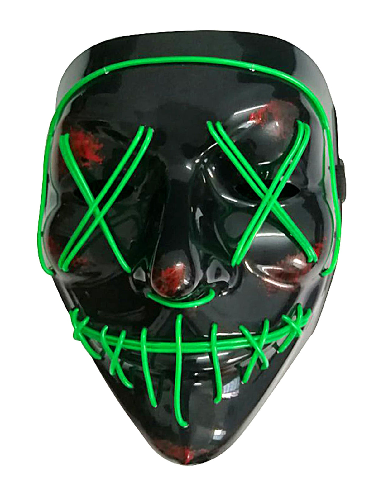 Gros plan sur les fils néon et les taches de sang du masque led lumineux pour adulte vert