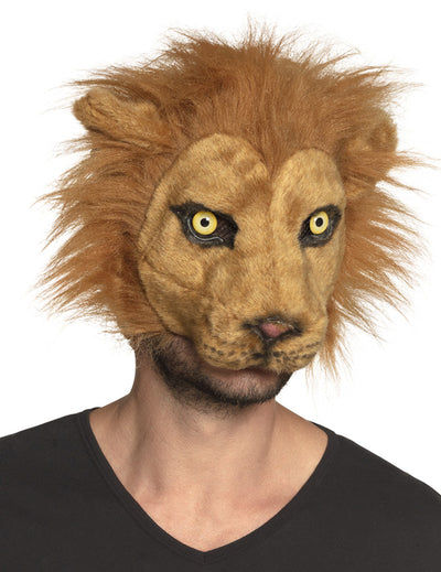 Masque lion peluche pour adulte marron avec crinière fauve