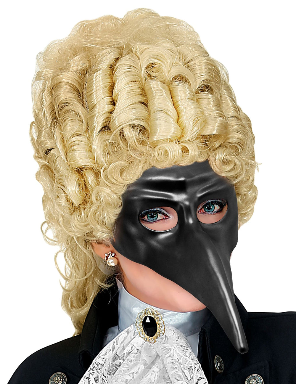 Vue de face portée avec perruque du masque long nez pour adulte noir
