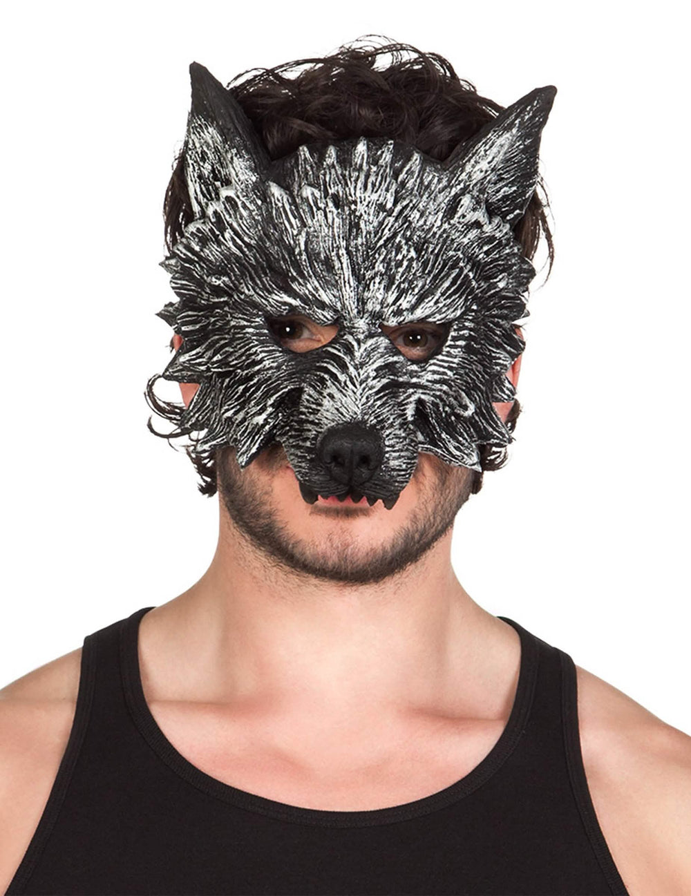 Máscara de lobo-garou para adulto preta e prateada com pelos texturizados
