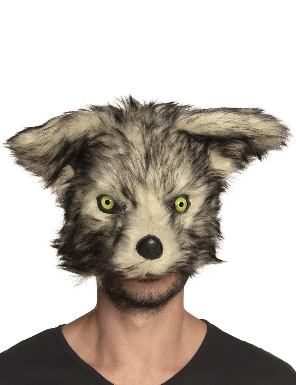 Vista frontal da máscara de lobo-peluche de lobisomem