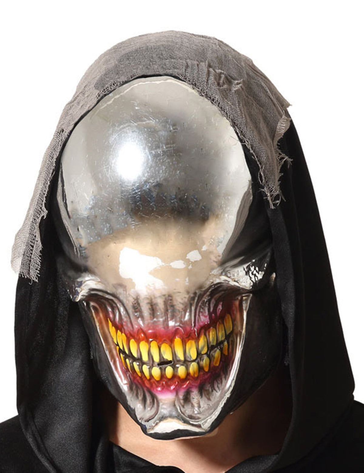 Masque no eyes pour adulte argenté effet miroir et dents jaunes