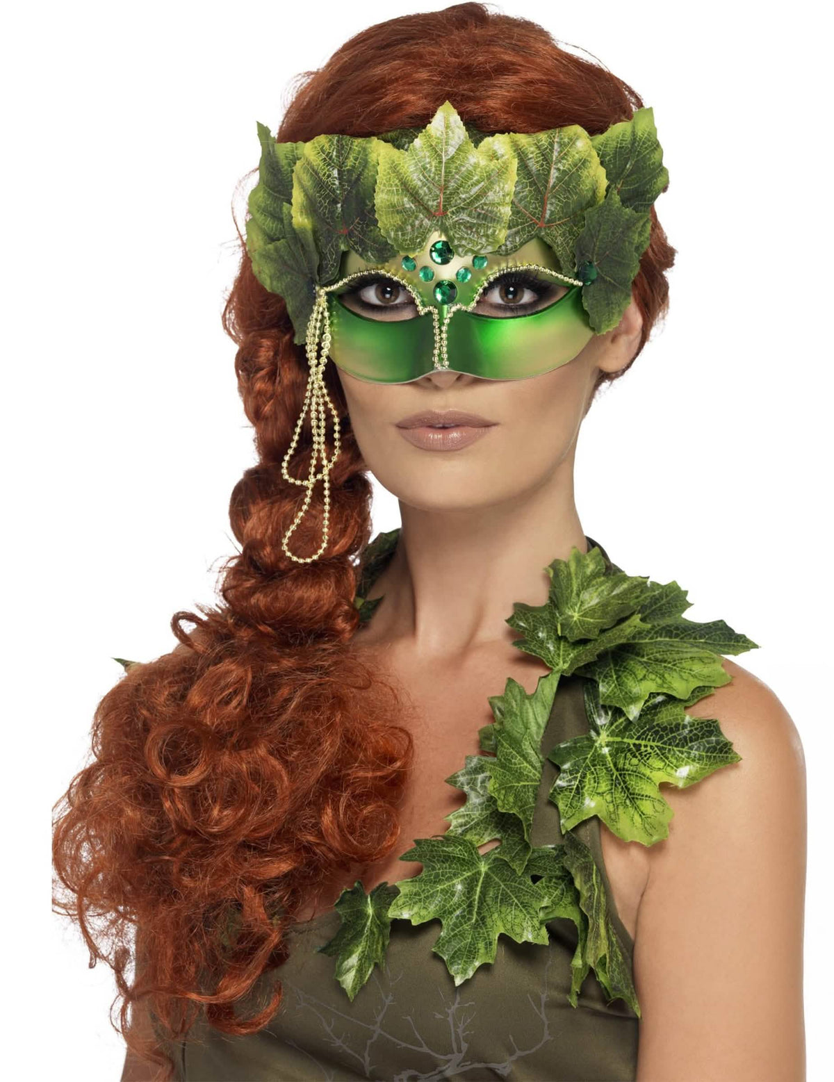 Máscara ninfa da floresta para mulher verde com folhas e pérolas