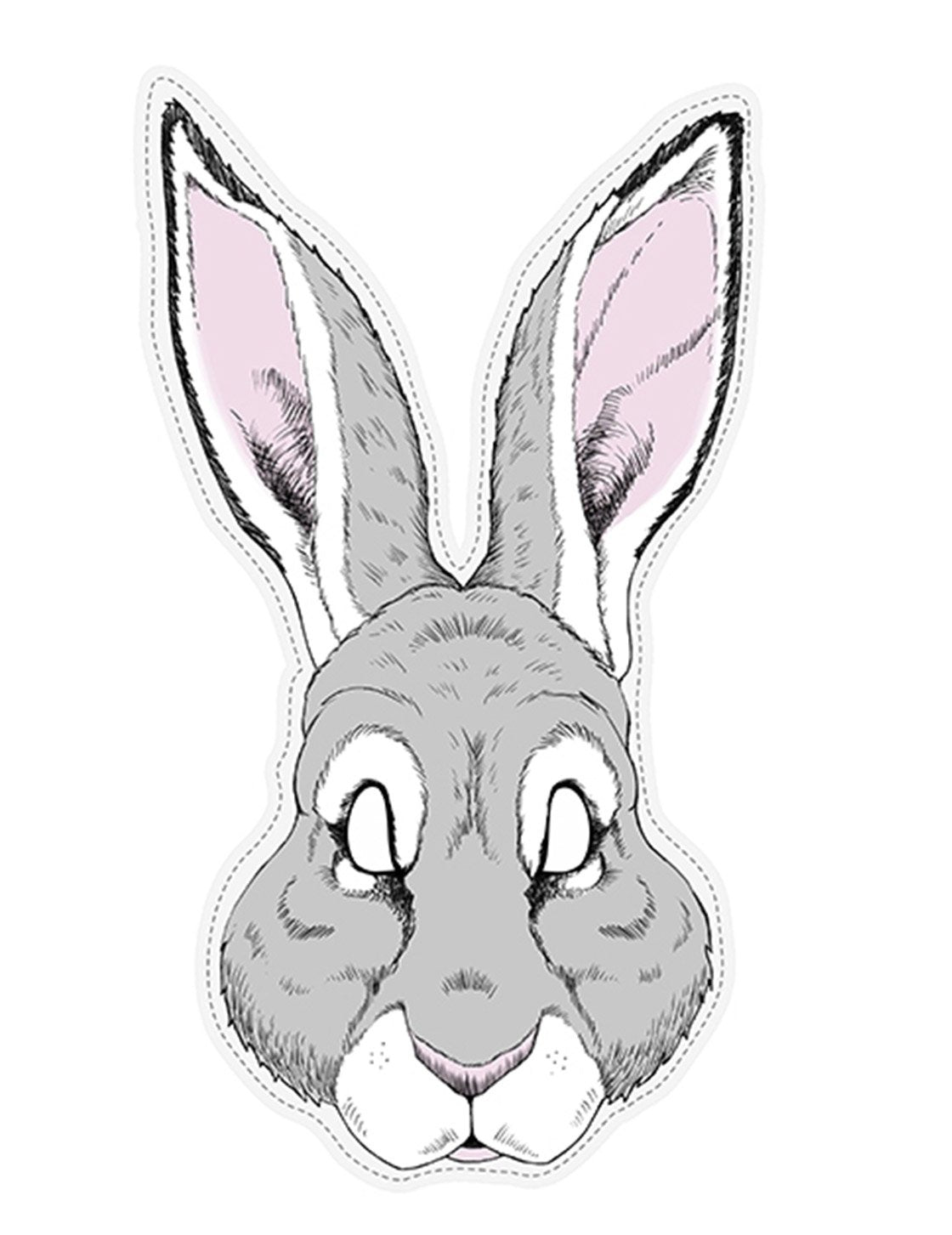Masque papier lapin pour adulte gris et blanc avec oreilles roses