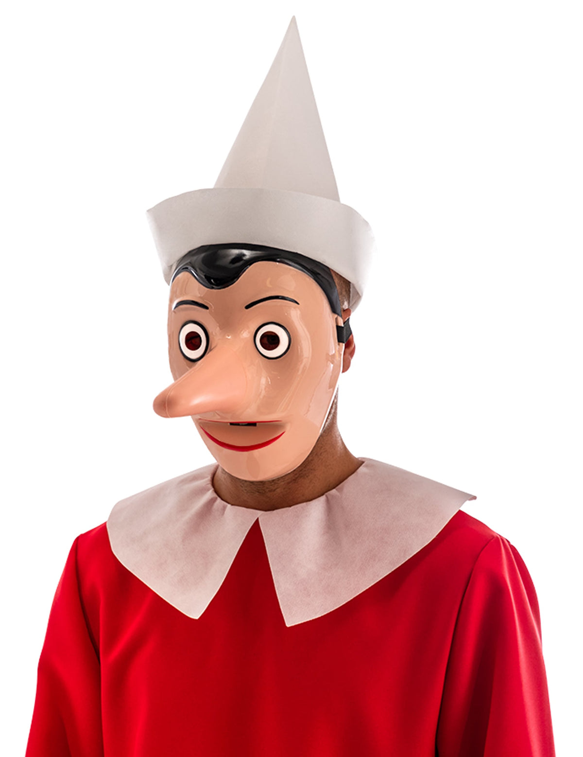 Masque plastique Pinocchio pour adulte avec nez détachable et chapeau blanc
