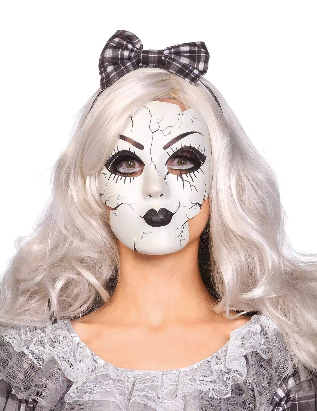 Máscara de boneca de porcelana para mulher branca com fissuras pretas