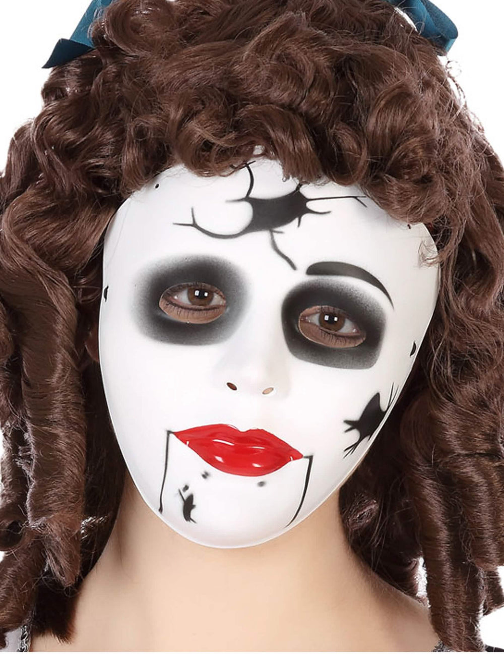 Máscara de boneca fissurada para adulto branco com fissuras negras e lábios vermelhos