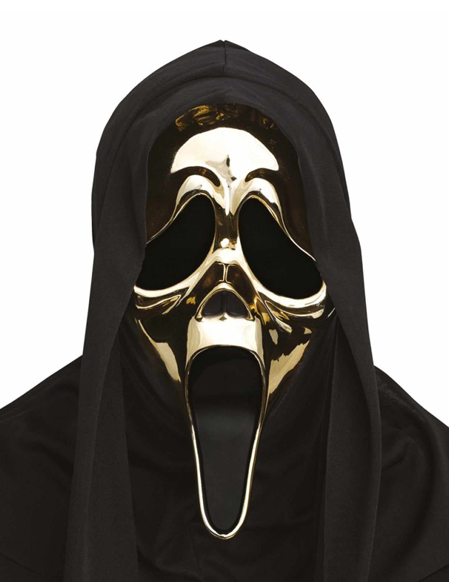 Masque Scream™ pour adulte or chromé avec cagoule noire