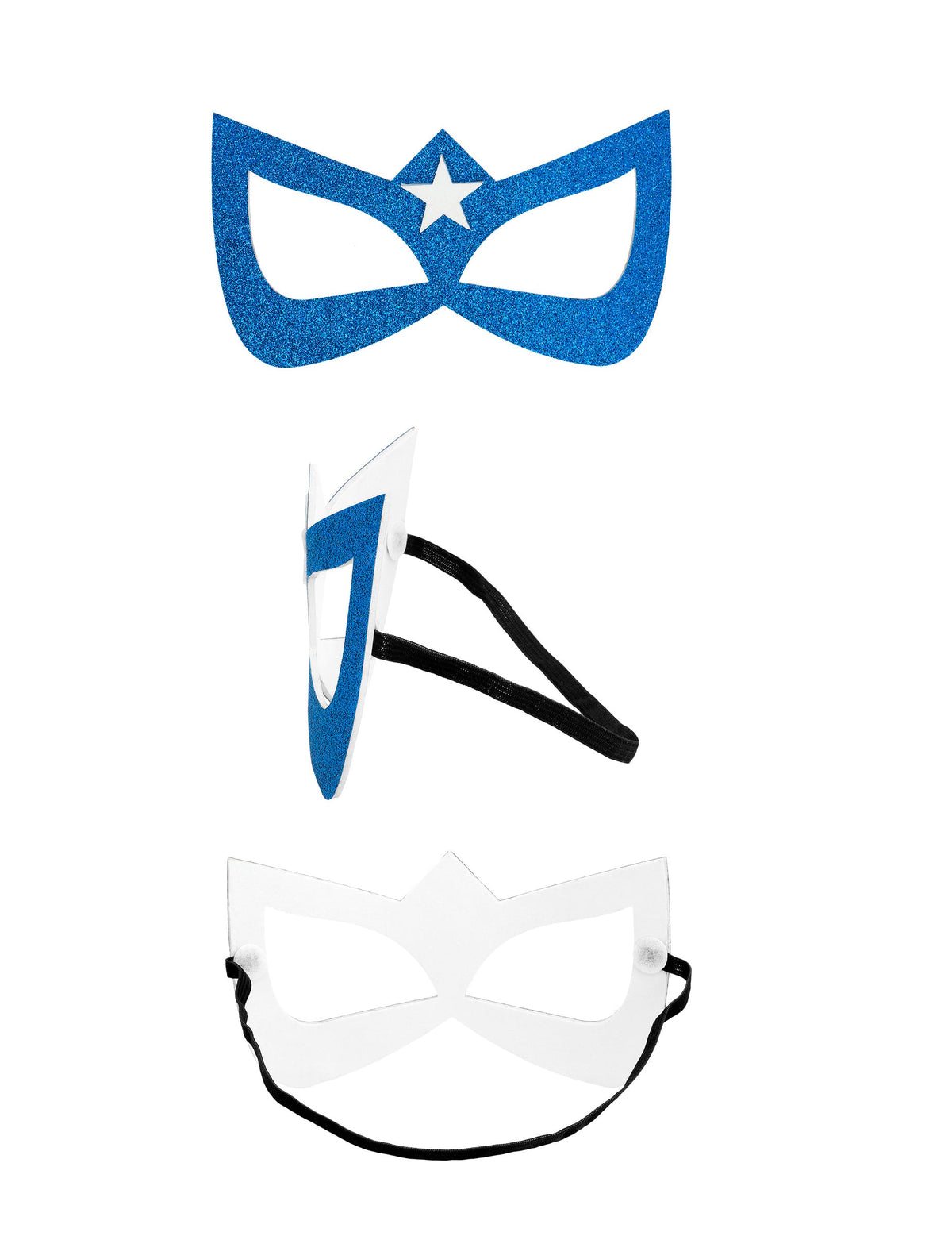 Vues de face, de profil et de l'élastique du masque de super héroïne pour adulte