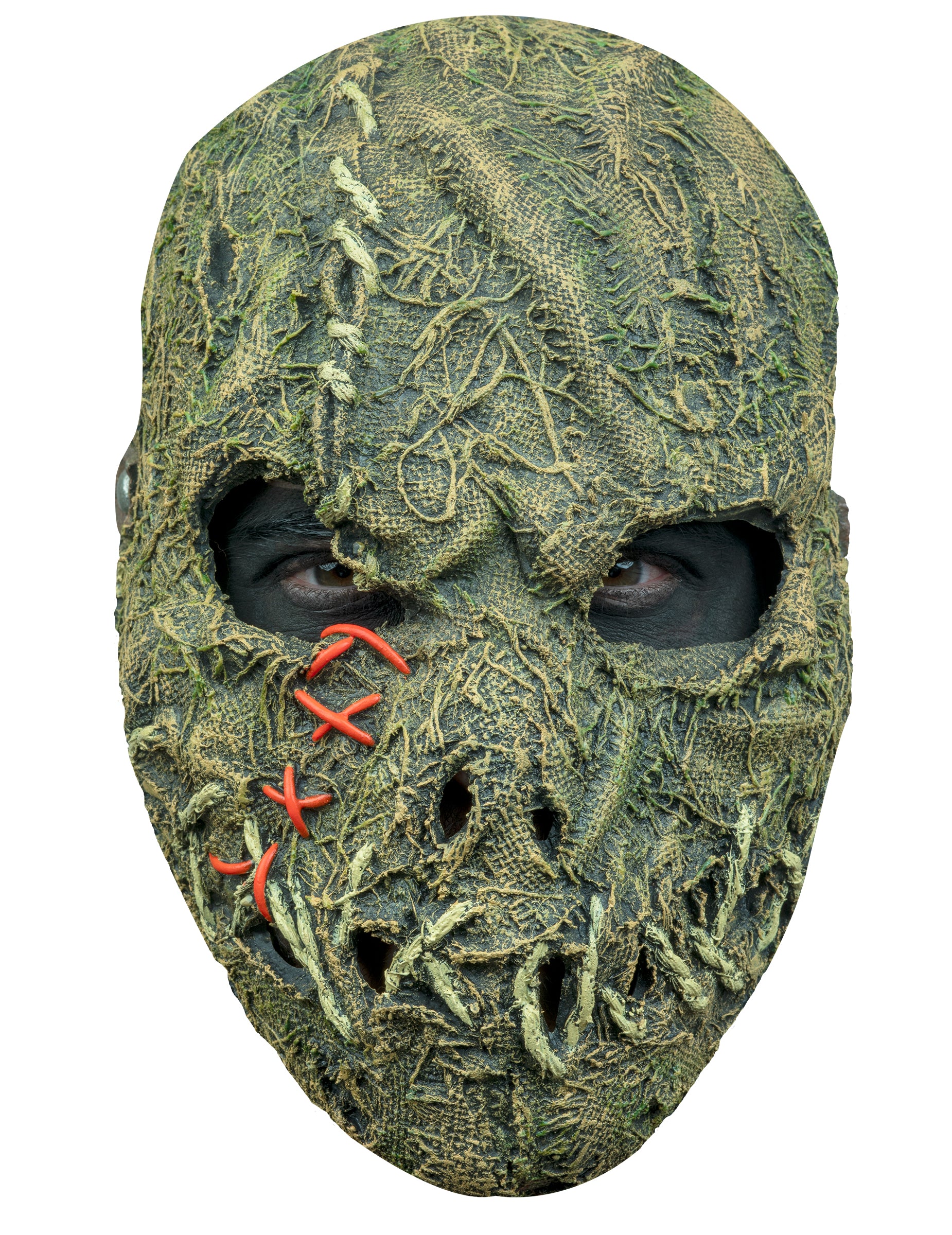 Masque tête d'épouvantail pour adulte vert et beige avec coutures rouges