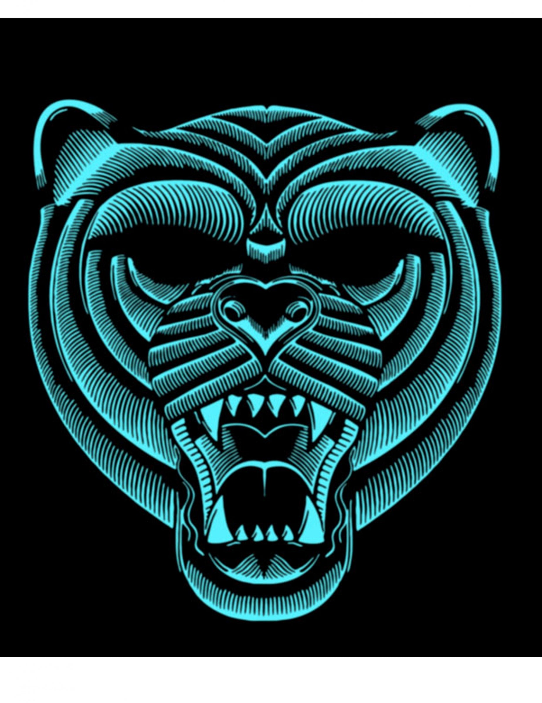 Détail de l'effet lumineux bleu du masque tigre à LED réactives adulte