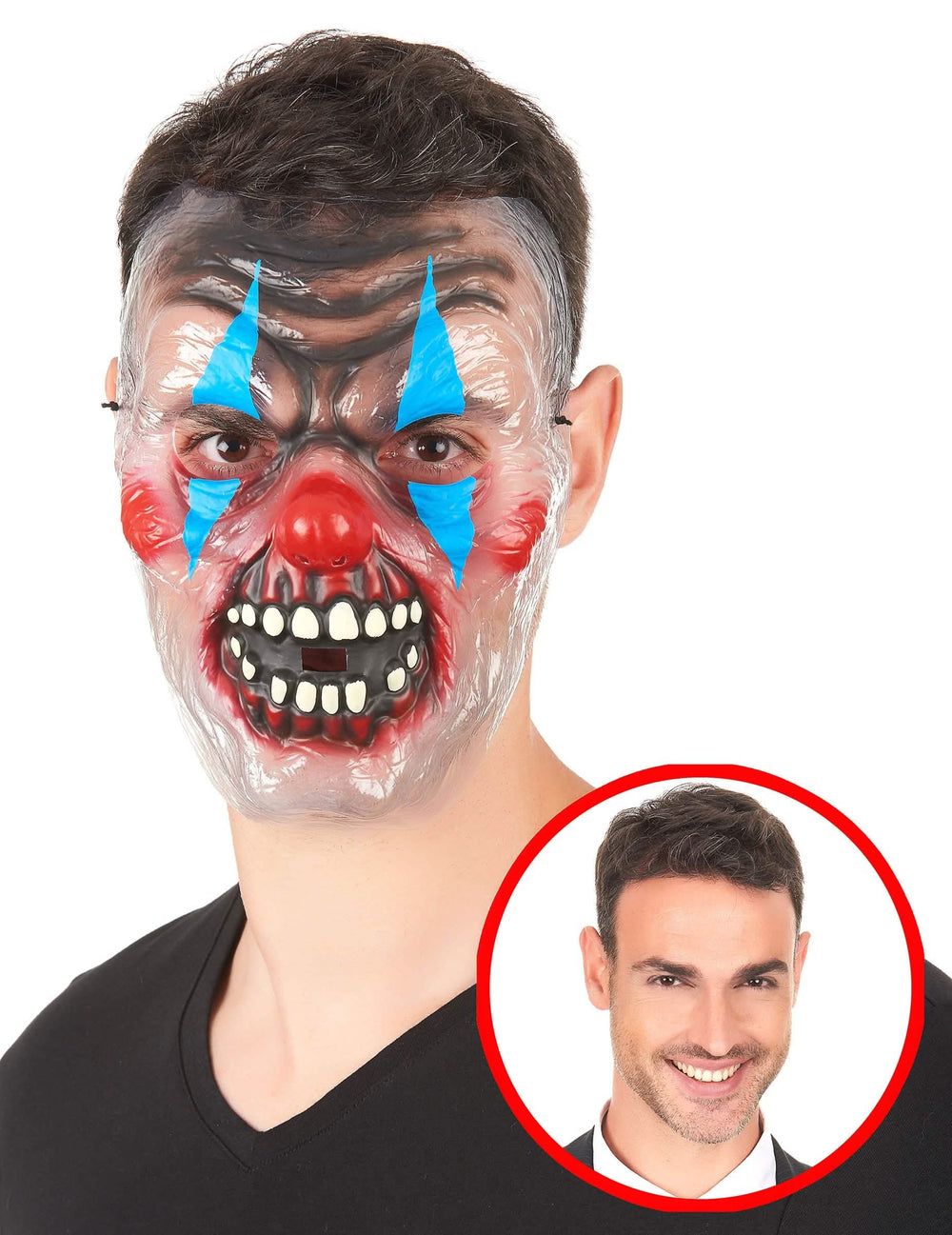 Máscara transparente de palhaço assustador para adulto bicolor azul e vermelho