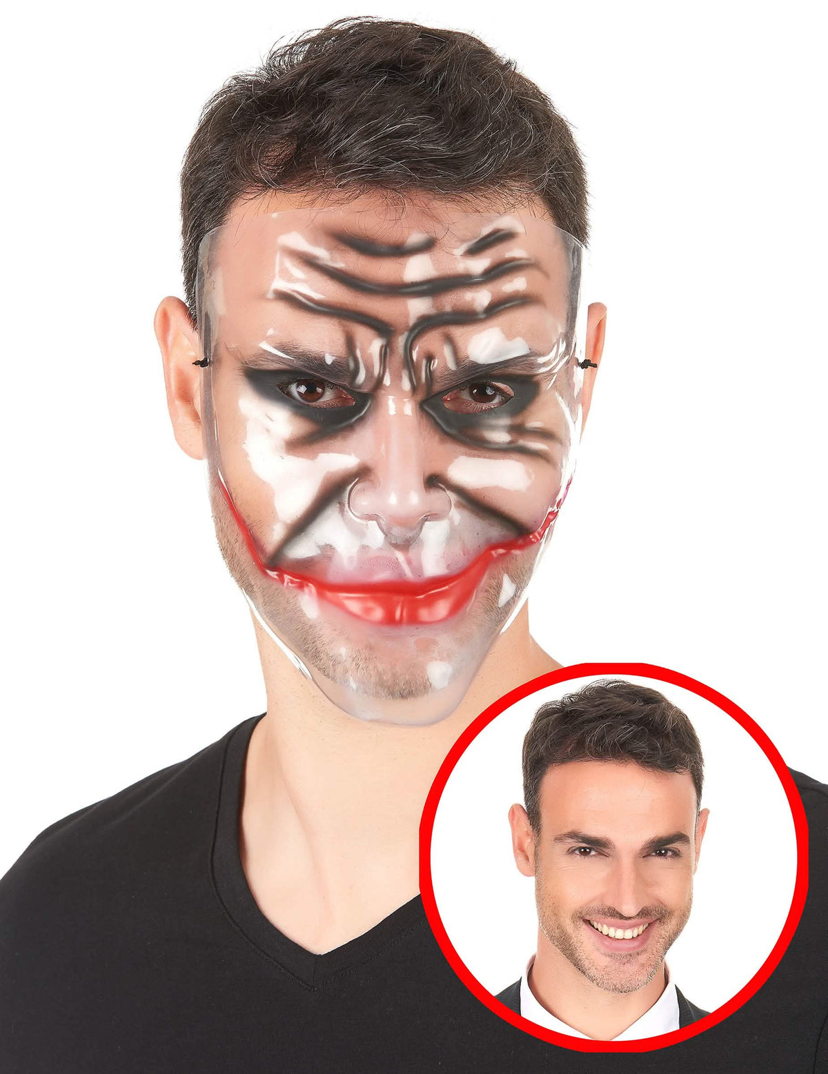 Masque transparent mâchoire déchirée pour adulte avec motifs rouges et noirs