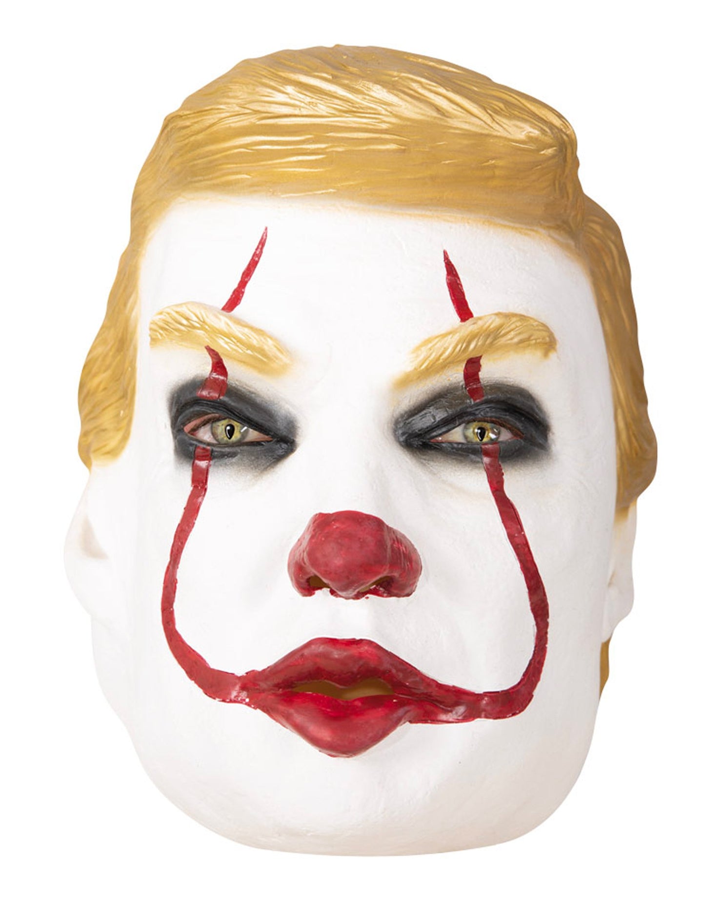 Masque intégral Trumpy le clown pour adulte blanc et rouge avec cheveux blonds