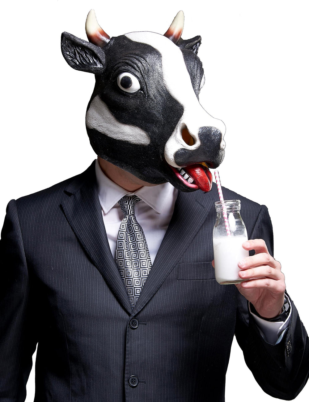 Masque de vache à corne pour adulte noir et blanc avec langue pendante