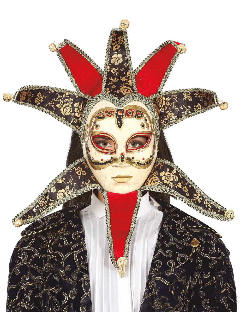 Masque vénitien pour femme rouge et noir avec dorures et grelots