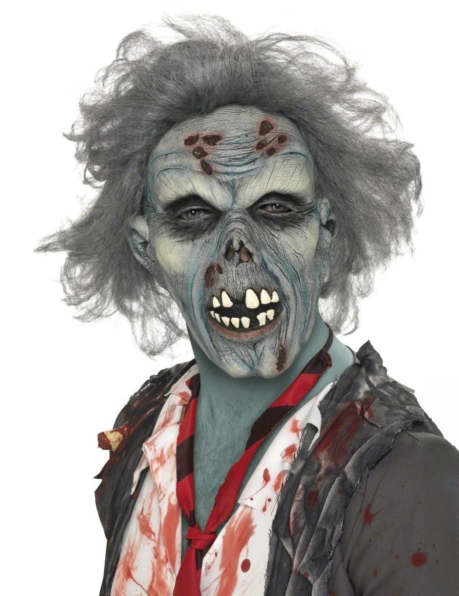 Masque de zombie pour adulte gris avec cheveux hirsutes et dents apparentes