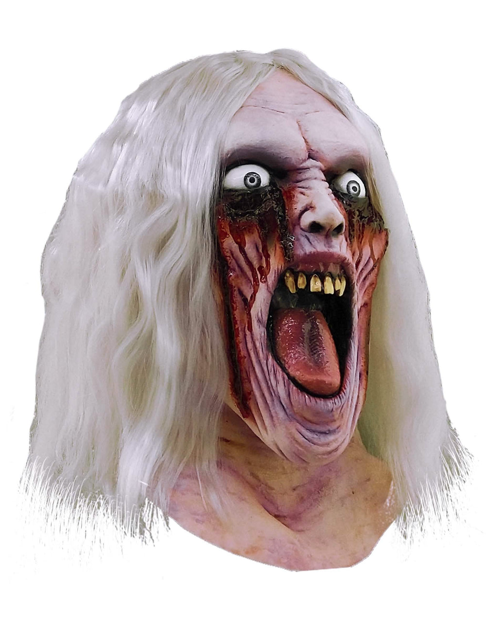 máscara de zombie sangrenta halloween para adulto em látex com cabelo branco