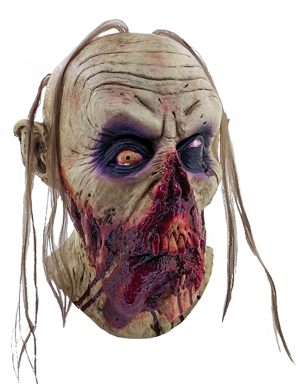 Máscara zombie sangrenta para adulto bege e vermelho com cabelos longos
