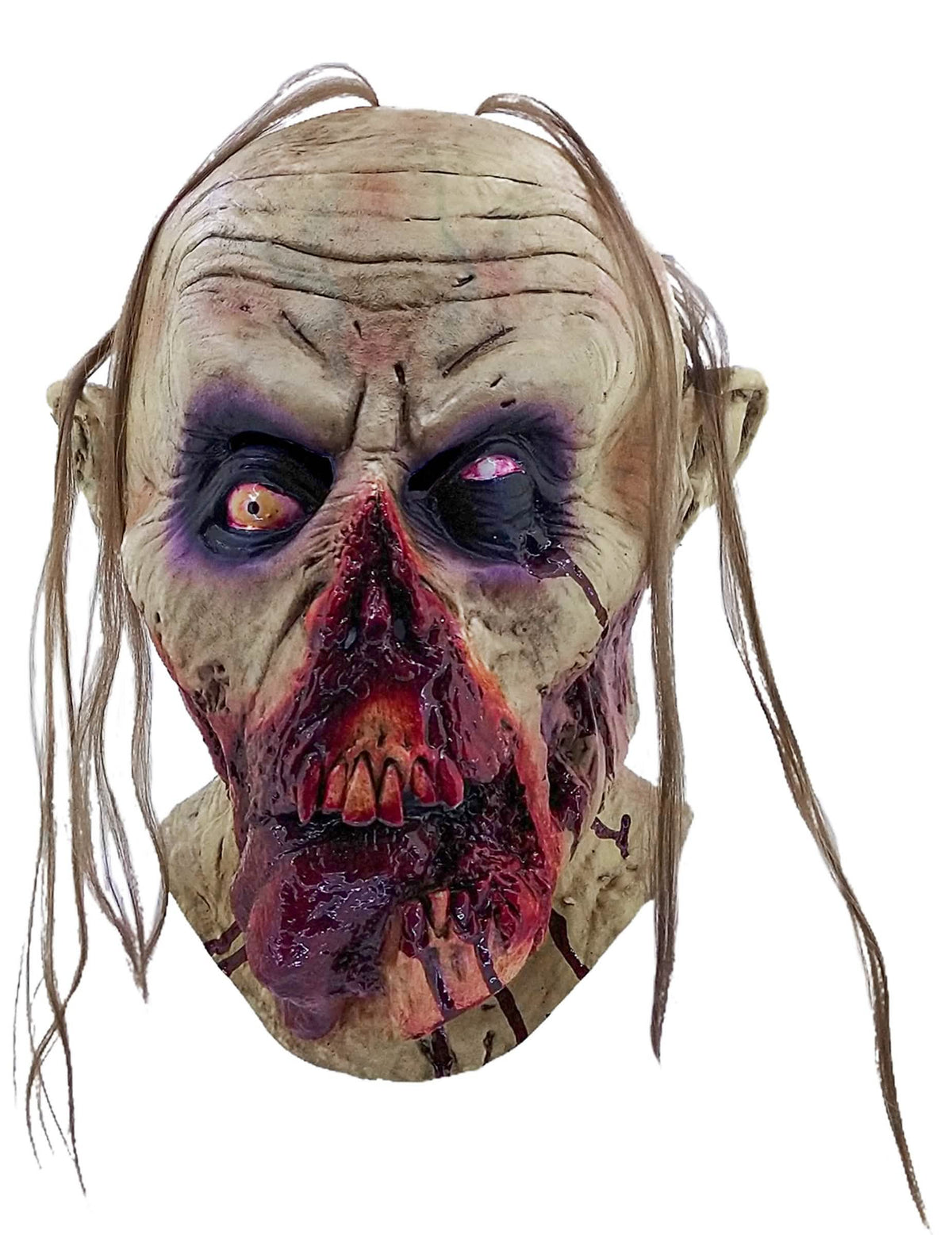 Grande plano no rosto decomposto da máscara zombie ensanguentada