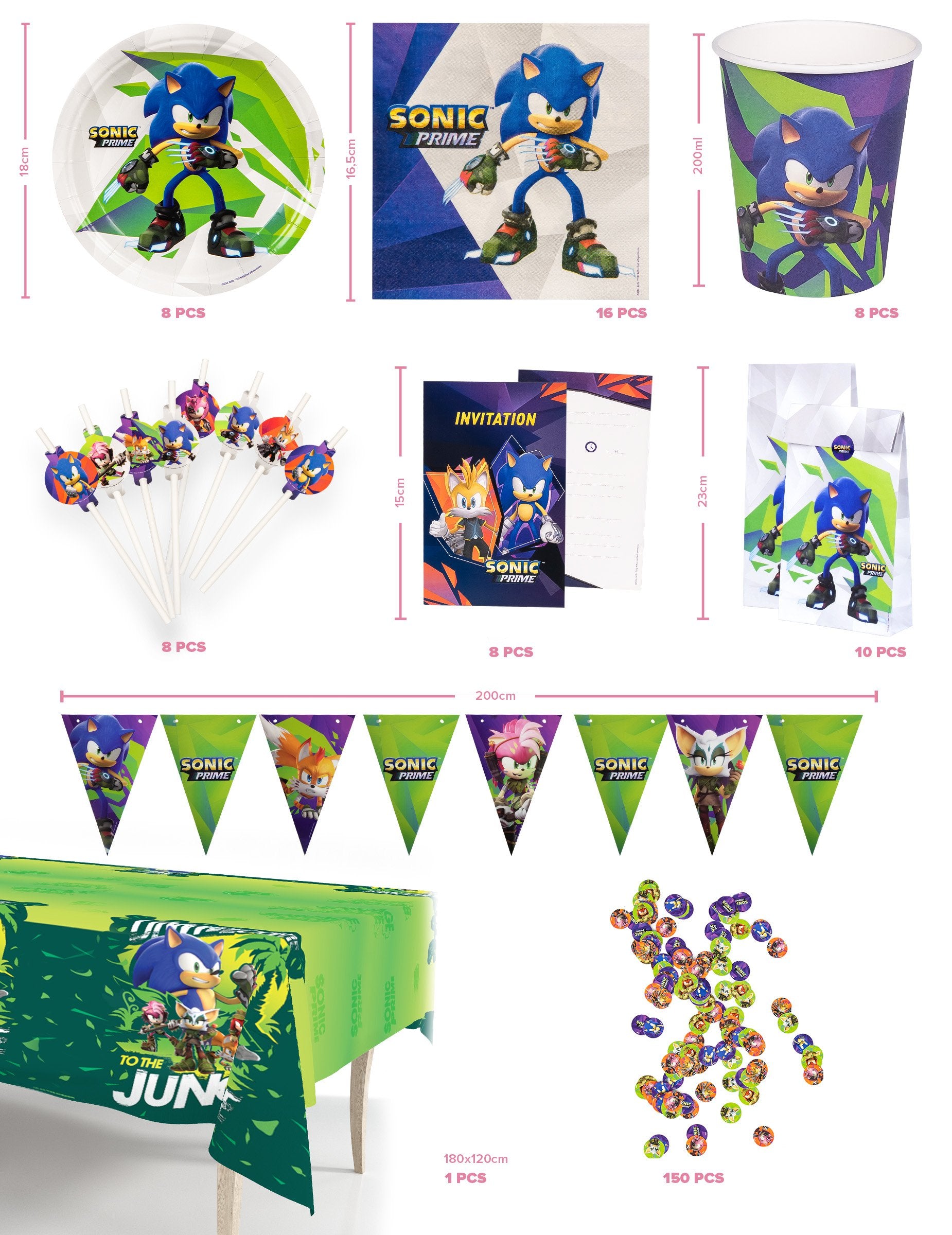 Vue d'ensemble des accessoires du maxi kit anniversaire Sonic