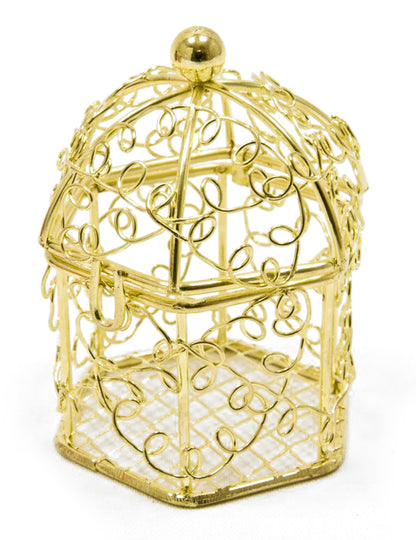 Mise en situation avec dragées de la mini cage à oiseaux en métal pour mariage