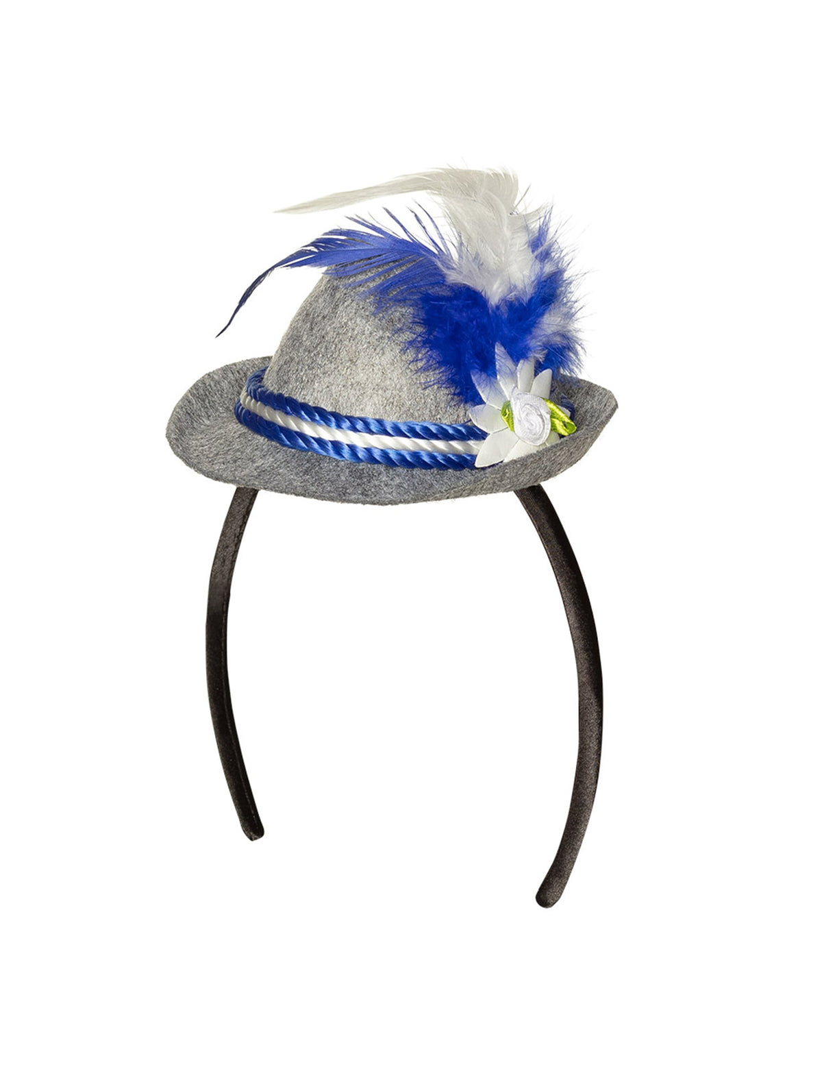 Vue de face du mini chapeau bavarois à plume pour adulte
