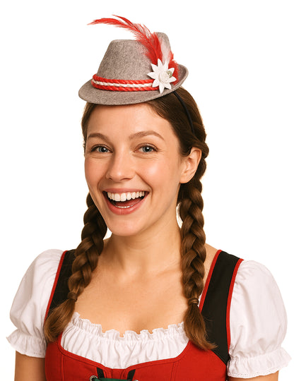 Mini chapeau bavarois pour femme gris et rouge avec plume et fleur