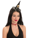 Mini chapeau de sorcière tête de mort Halloween pour femme noir avec crânes blancs et dorés