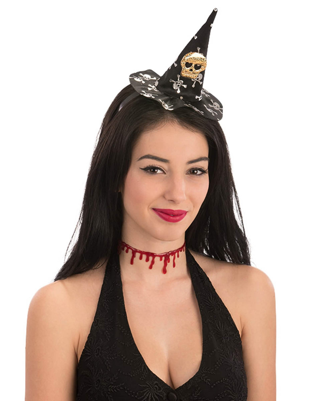 Mini chapéu de bruxa caveira halloween para mulher preto com caveiras brancas e douradas
