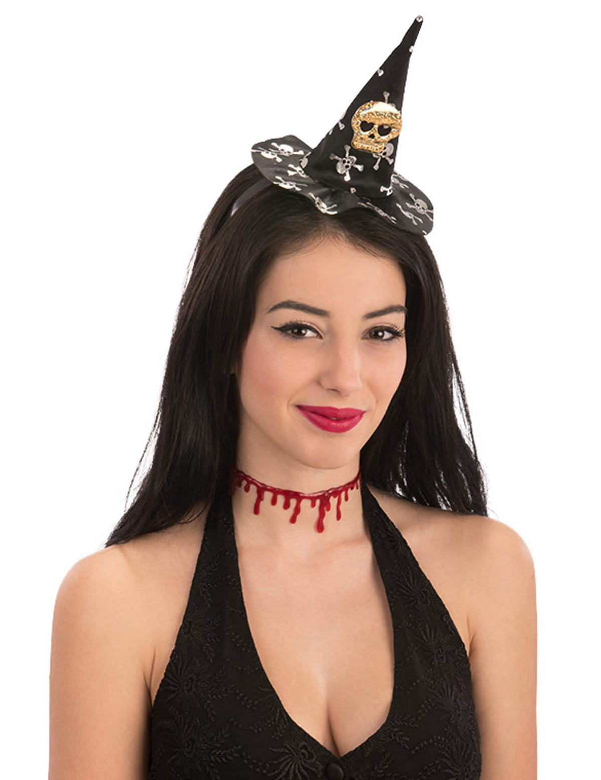 Mini chapéu de bruxa caveira halloween para mulher preto com caveiras brancas e douradas