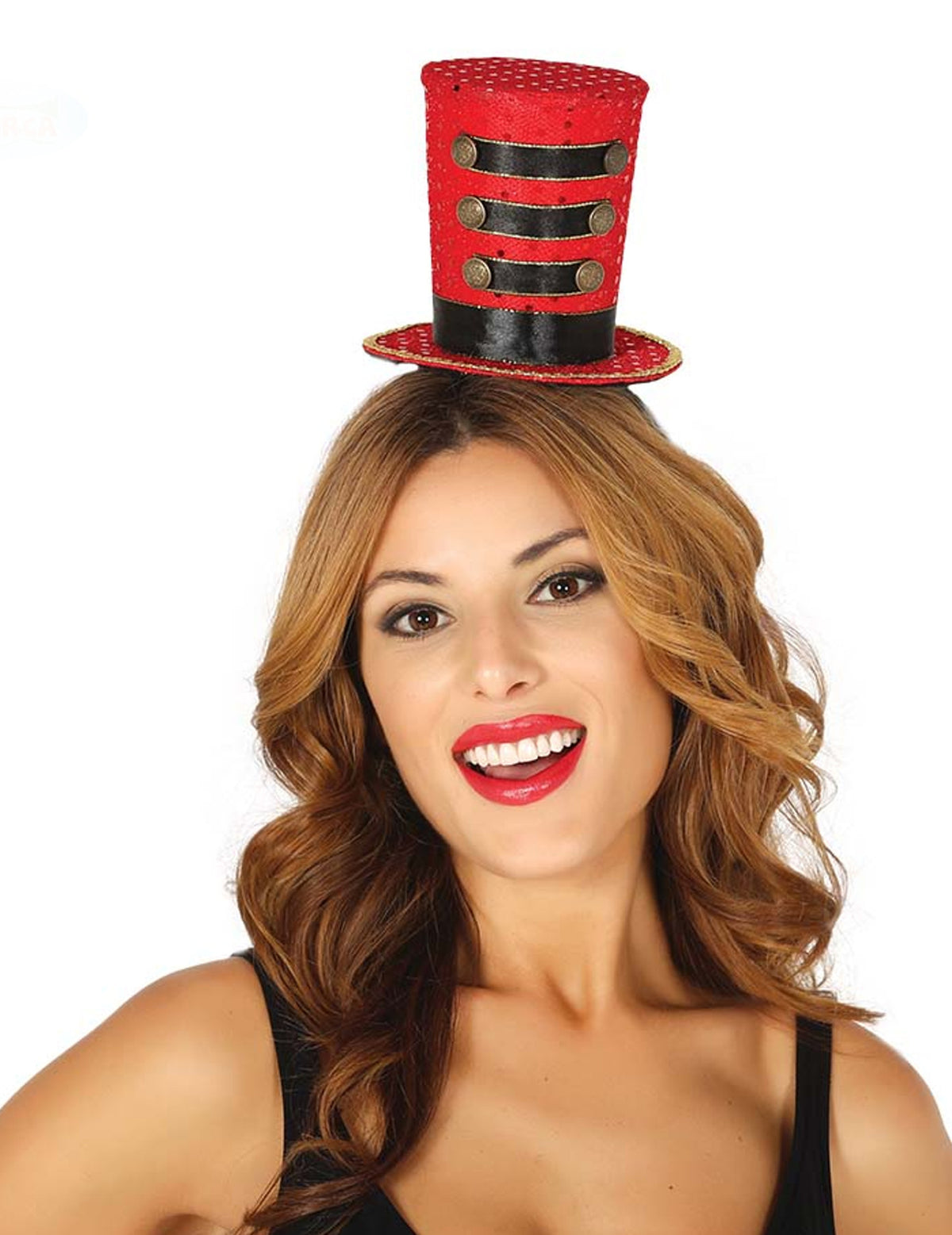 Mini chapeau haut de forme majorette pour femme rouge avec galons noirs et boutons dorés