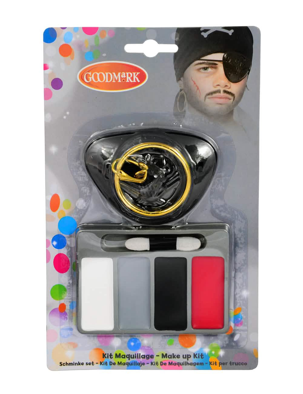 Detalhe da embalagem e dos acessórios do mini kit de maquilhagem pirata