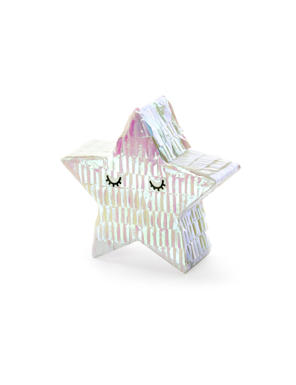 Vue rapprochée sur fond rose de la mini piñata étoile pour décoration iridescente