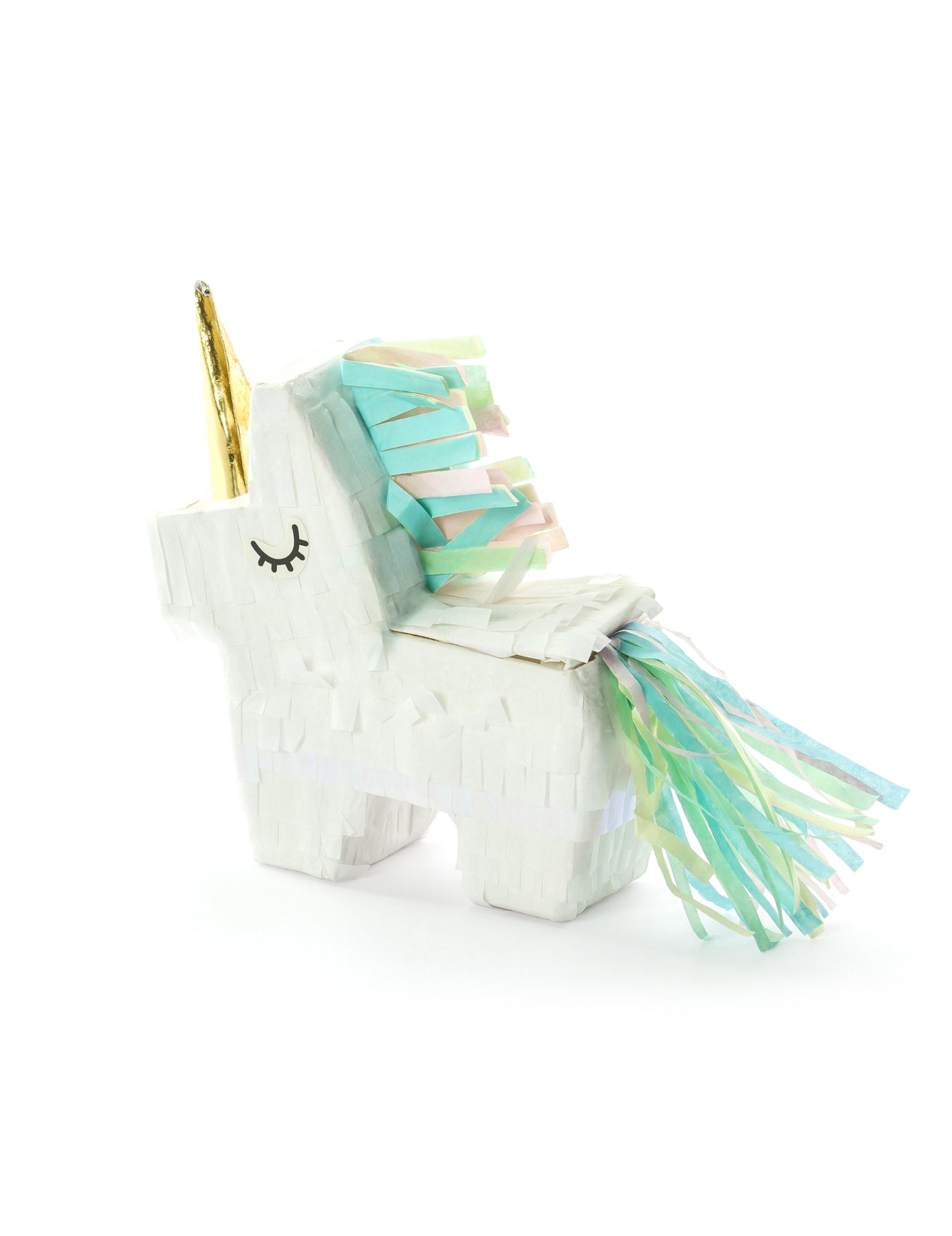 Mini piñata licorne blanche avec corne dorée et crinière pastel