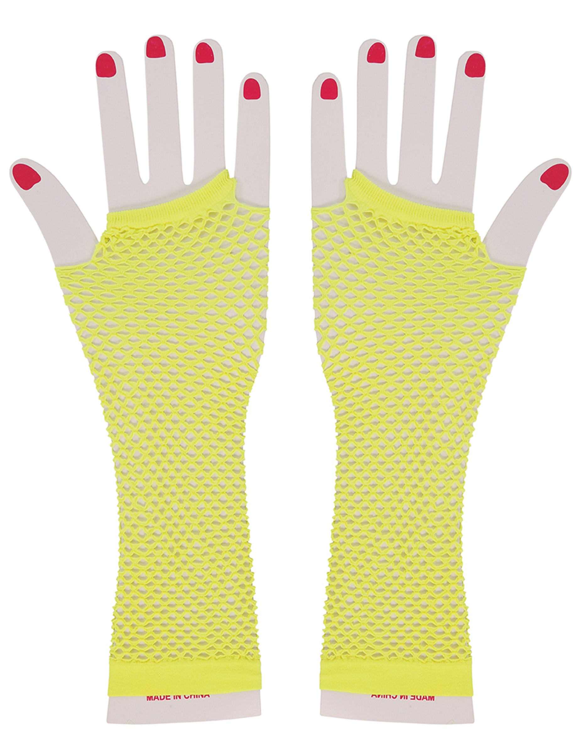 Vue de face des mitaines longues résille jaune fluo